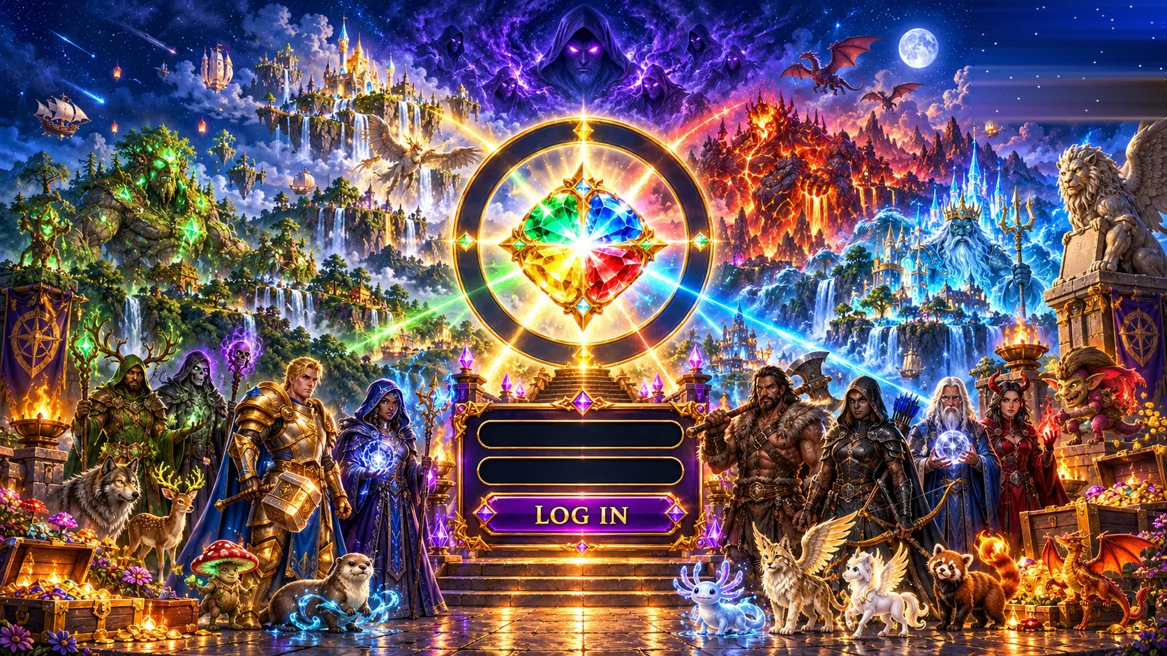 Times Tables Quest login screen: the eight heroes and their pets on a moonlit terrace before the Crystal Core, the four kingdoms and their great bosses behind, Umbra in the clouds